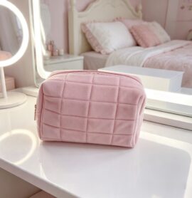 Soft Quilted Velvet Makeup Pouch – Blush Pink