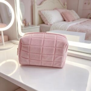 Soft Quilted Velvet Makeup Pouch – Blush Pink